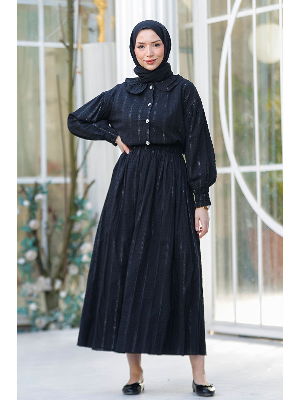 Kadın Çizgi Detay Gömlekli Takım Siyah-1