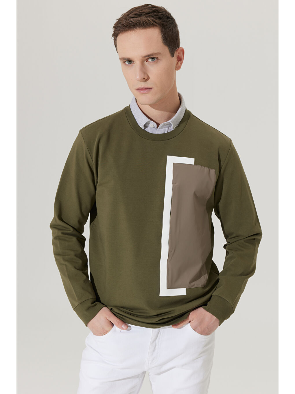 Erkek Haki Standart Fit Normal Kesim Bisiklet Yaka Sweatshirt-3