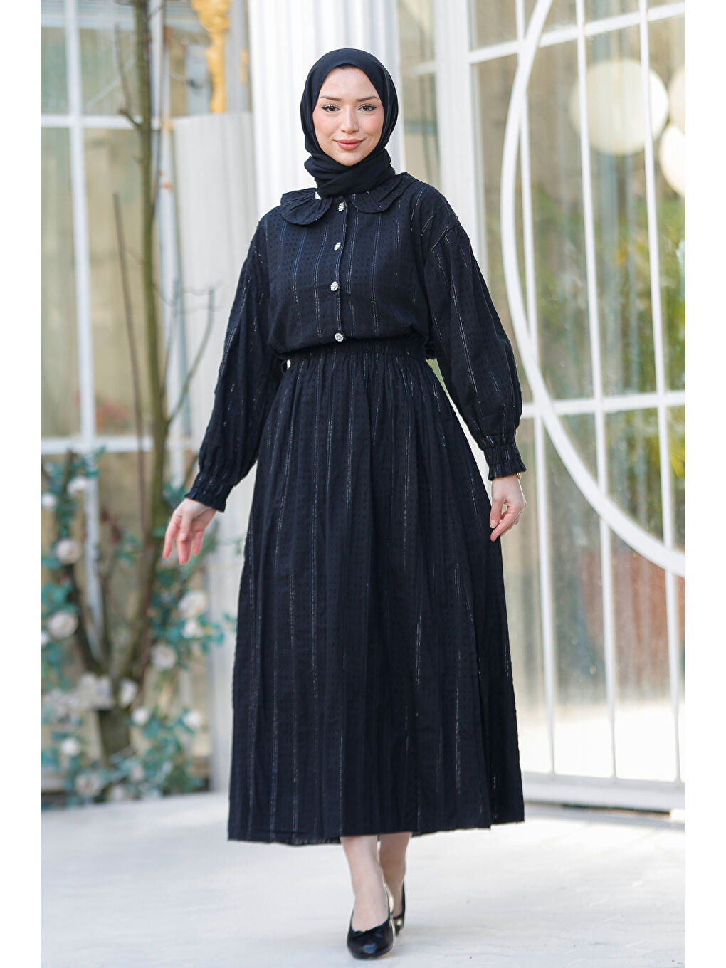 Kadın Çizgi Detay Gömlekli Takım Siyah-2