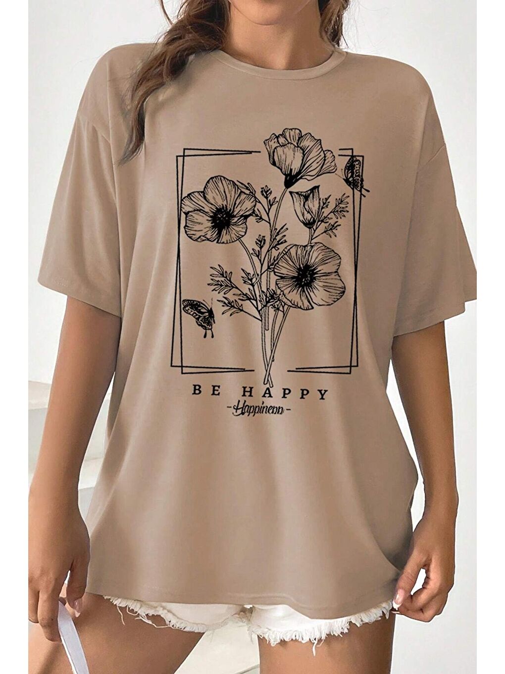 uyguntarz Bej Unisex Be Happy Baskılı Oversize Tshirt