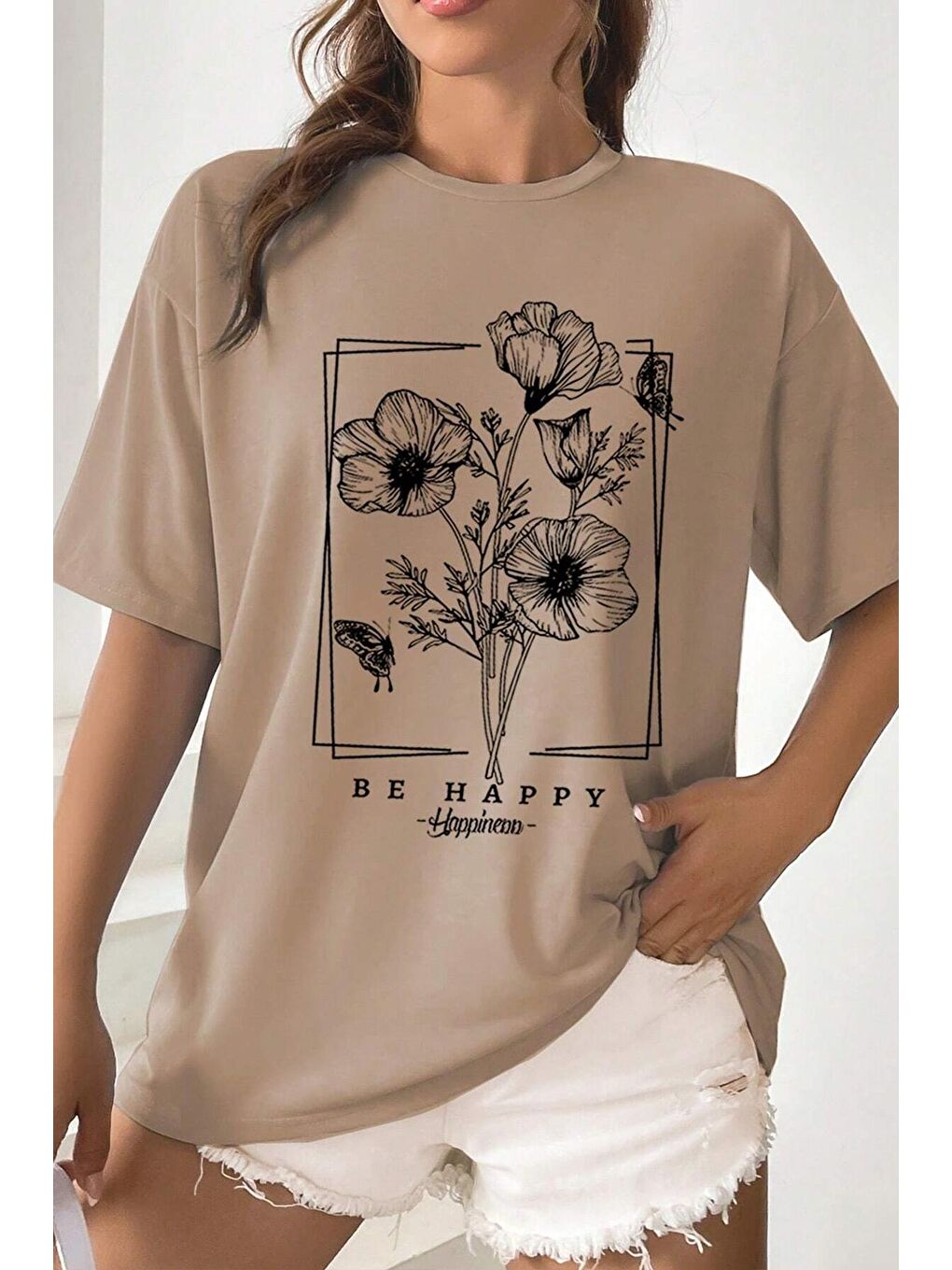 uyguntarz Bej Unisex Be Happy Baskılı Oversize Tshirt - 1