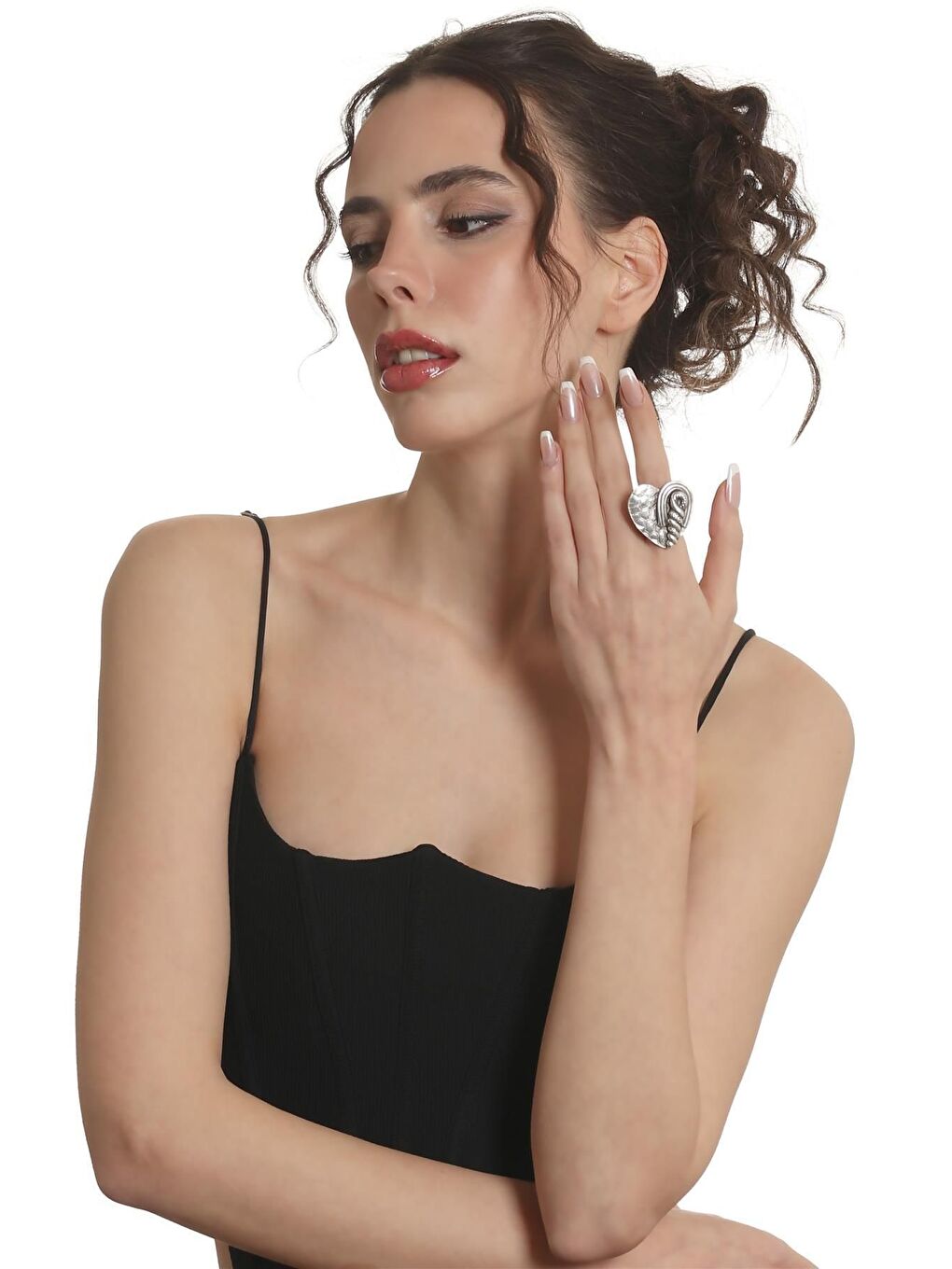 Gri Kadın Antik Gümüş Kaplama Ayarlanabilir Gotik Kalp Stilizesi Yüzük-1