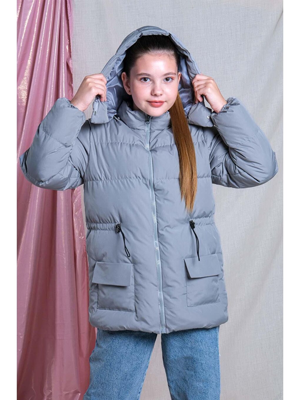 Pina Kids Mat Gri Kız Çocuk Yumuşak İçi Kürklü Kalın Kaban Mont KM.0023-Y - 4