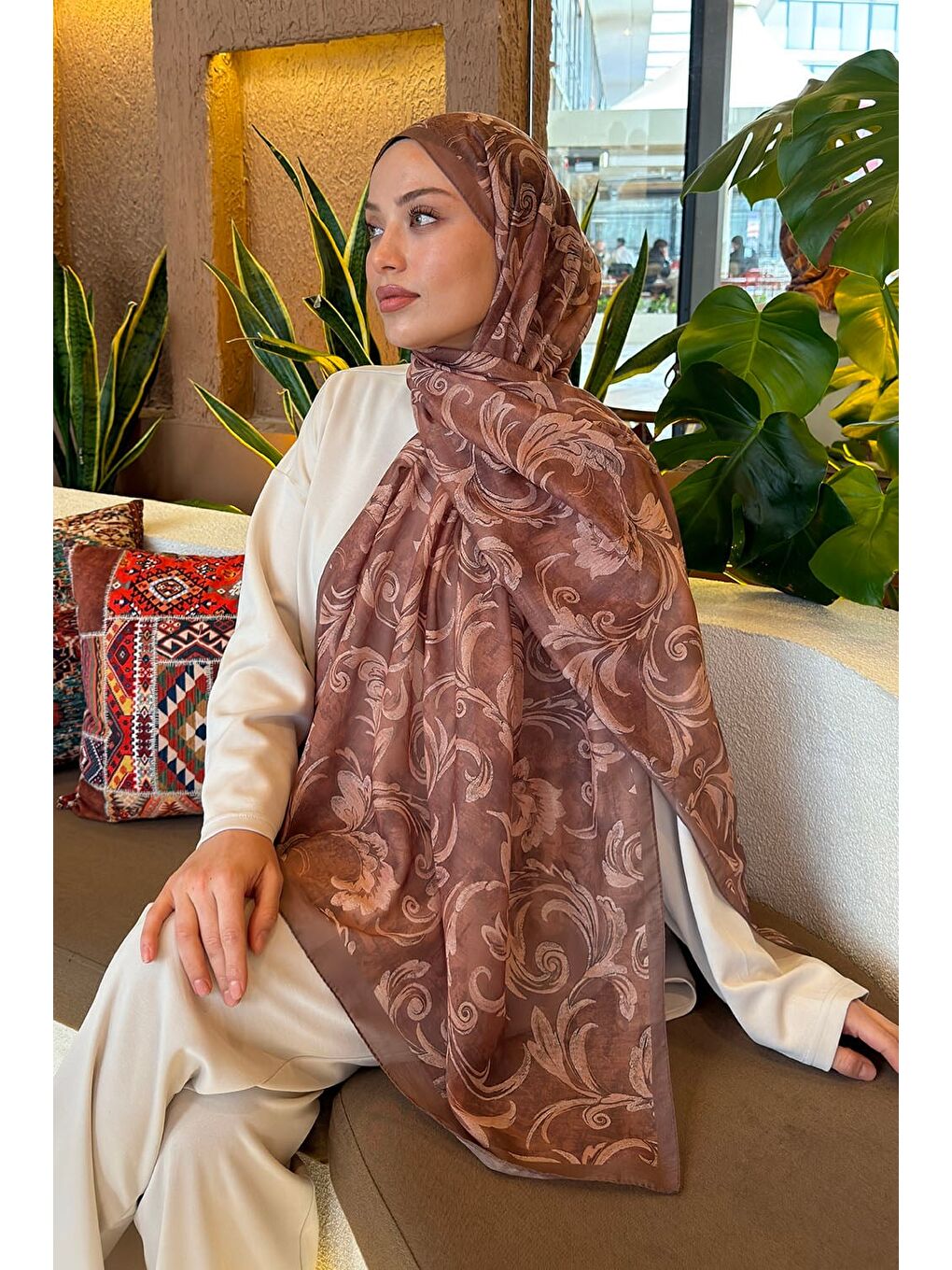 Kahverengi Etnik Desen Ferah Şal Sütlü Kahve-3