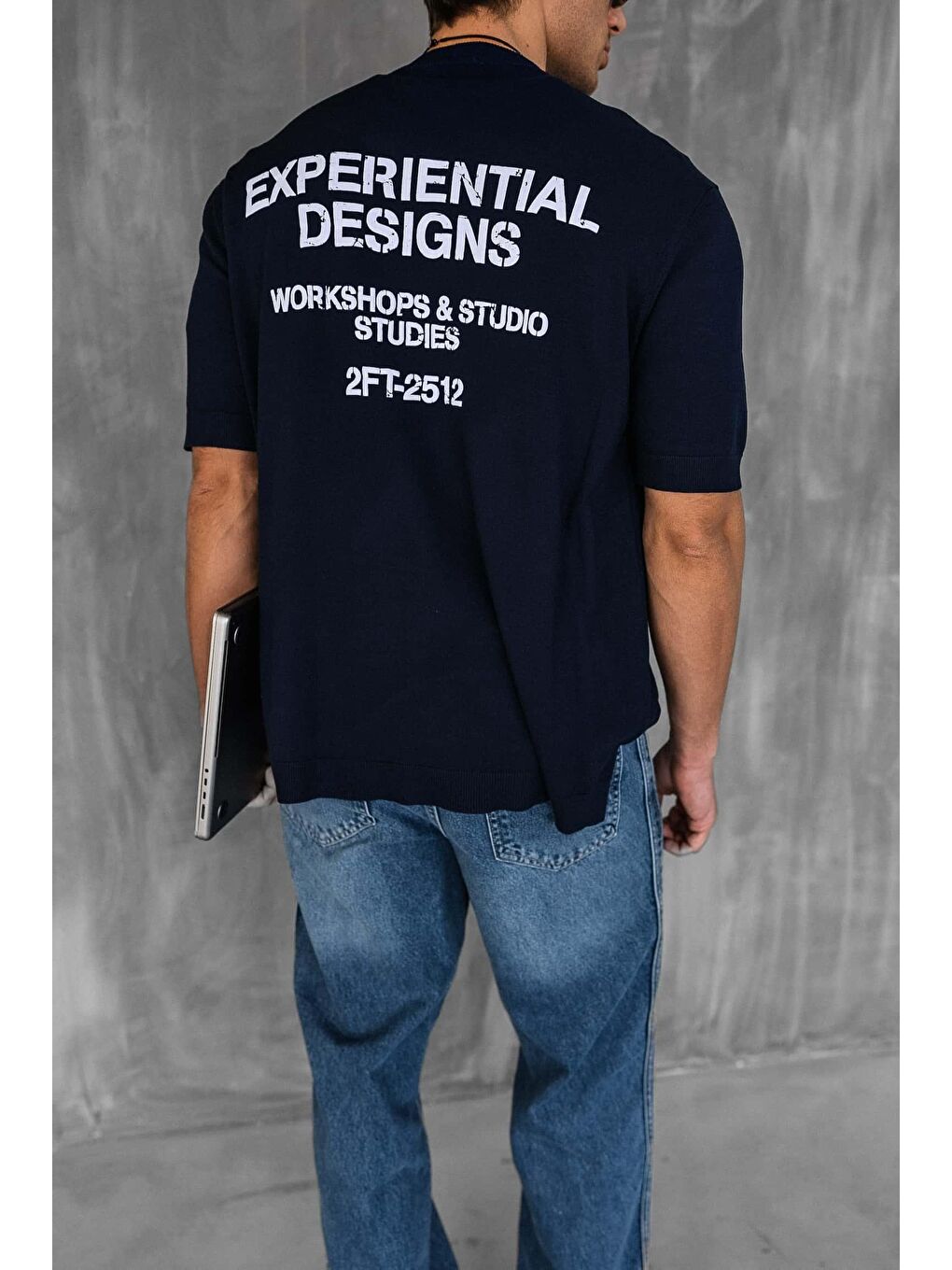 Erkek Kabartma Baskılı Esnek Regular Fit Triko Tişört Lacivert-1