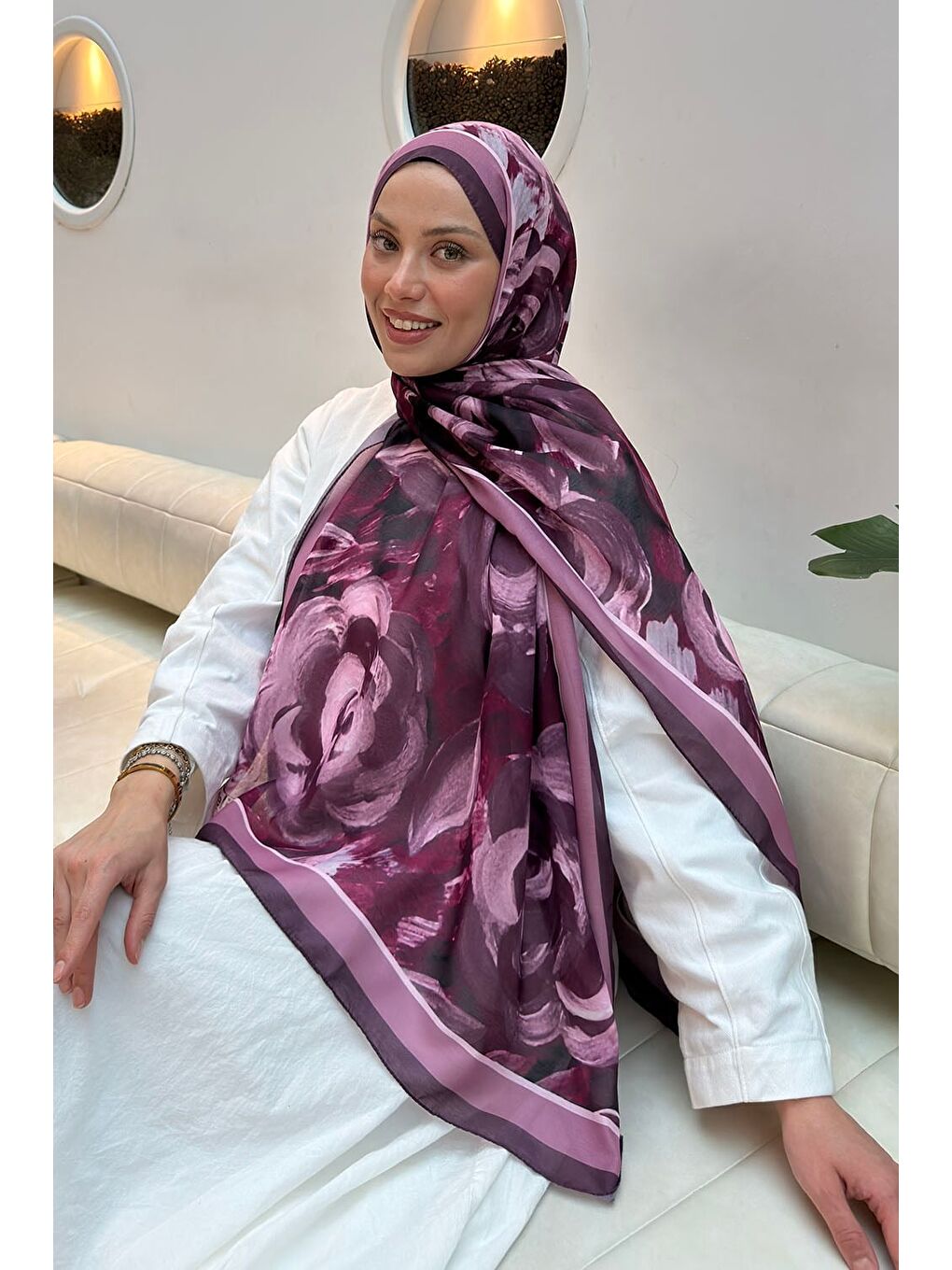 Çiçek Desen Pamuk Şal Mürdüm-1