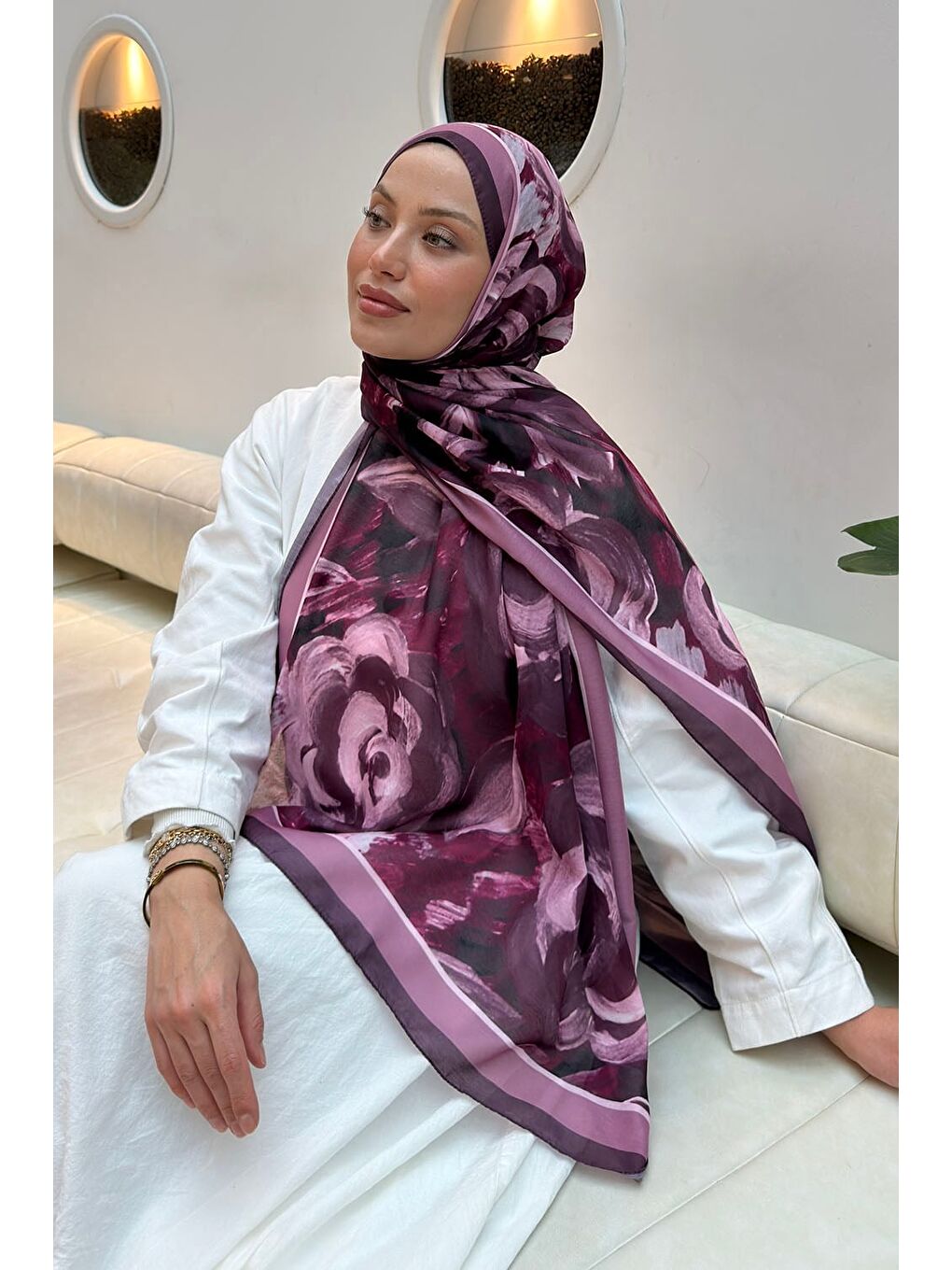 Çiçek Desen Pamuk Şal Mürdüm-2