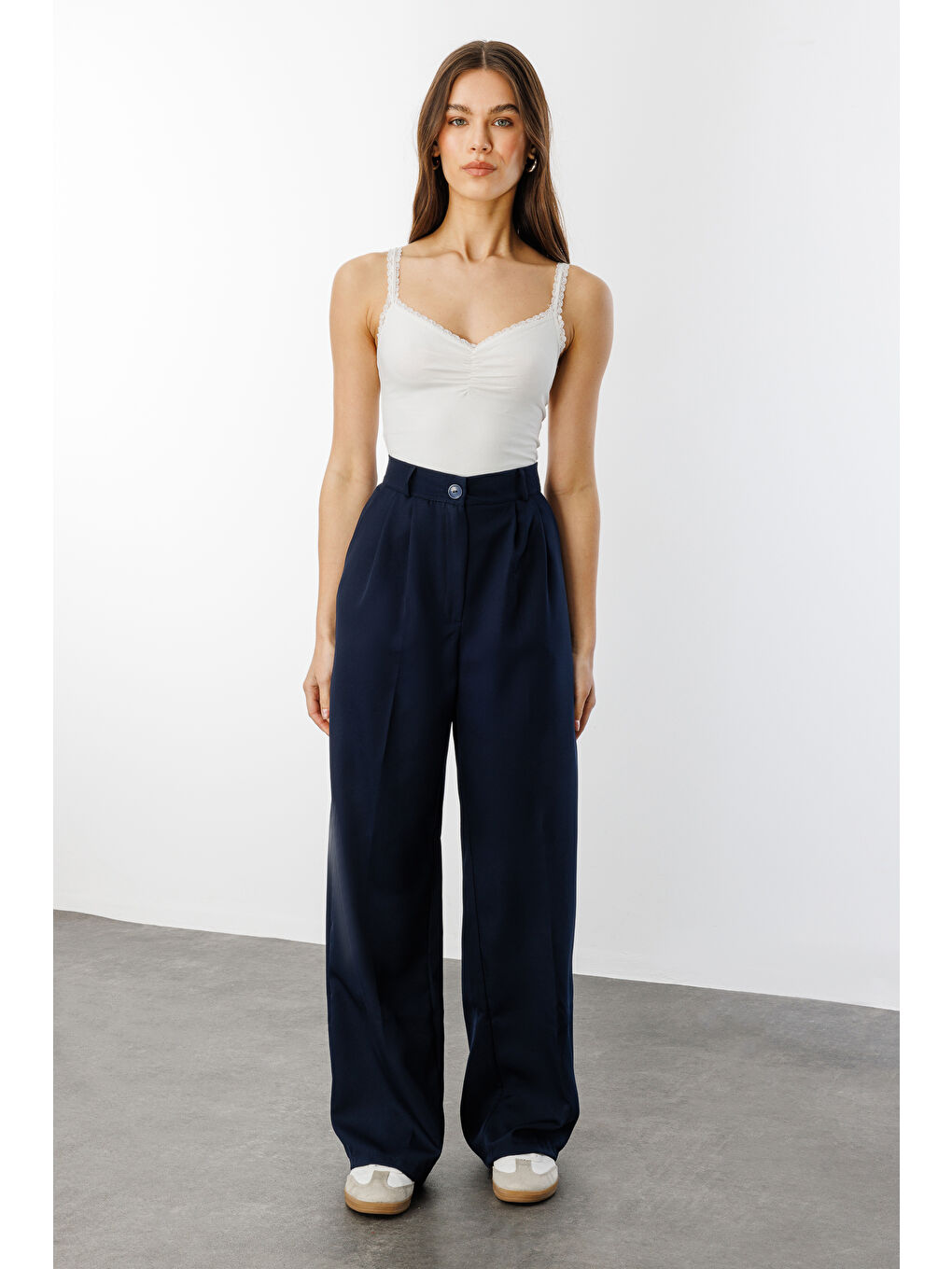 Lacivert Kadın Pileli Kumaş yüksek bel Palazzo Pantolon PANTOLON-002-1