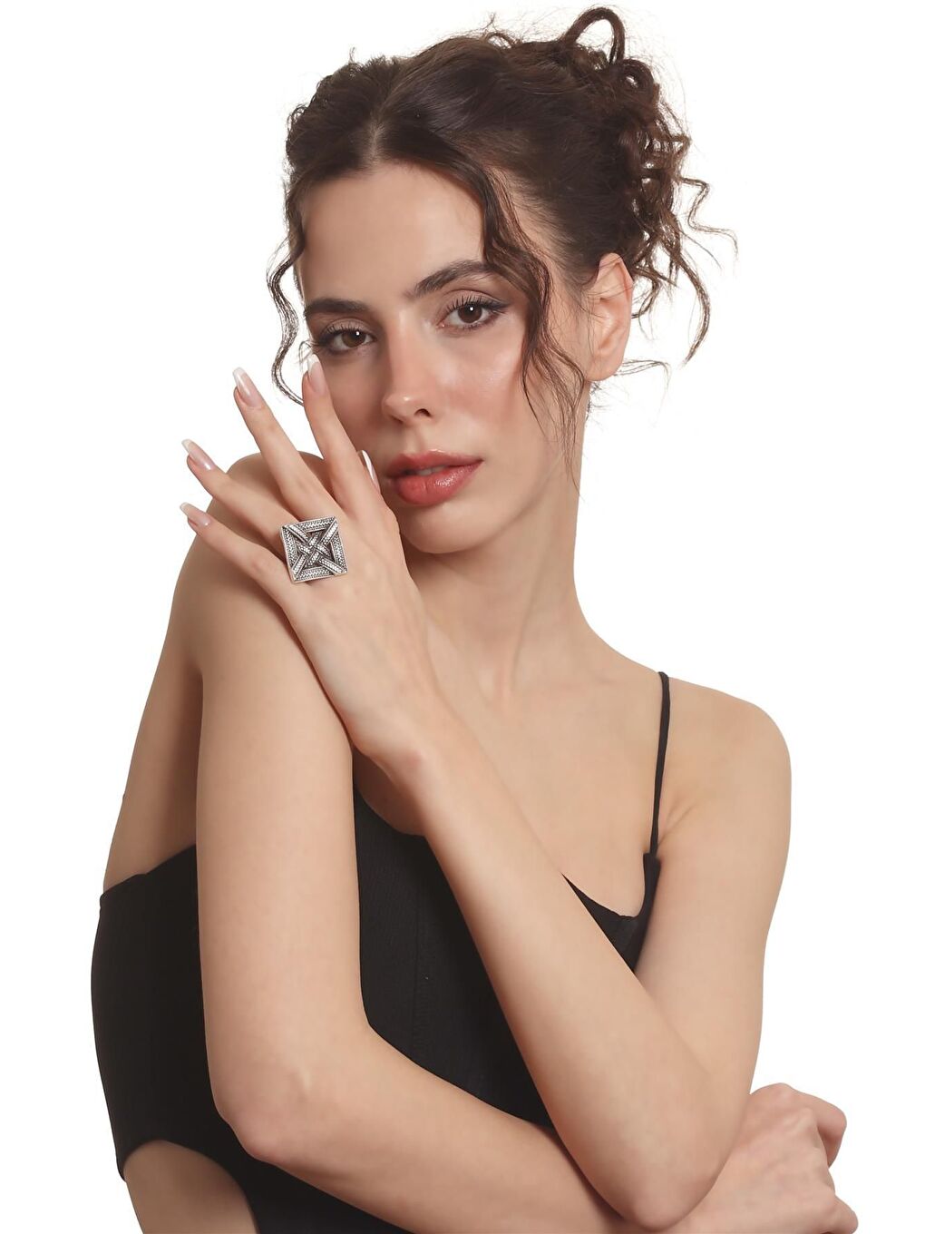 Gri Kadın Antik Gümüş Kaplama Ayarlanabilir Örgü Dokulu Geometrik Yüzük-2