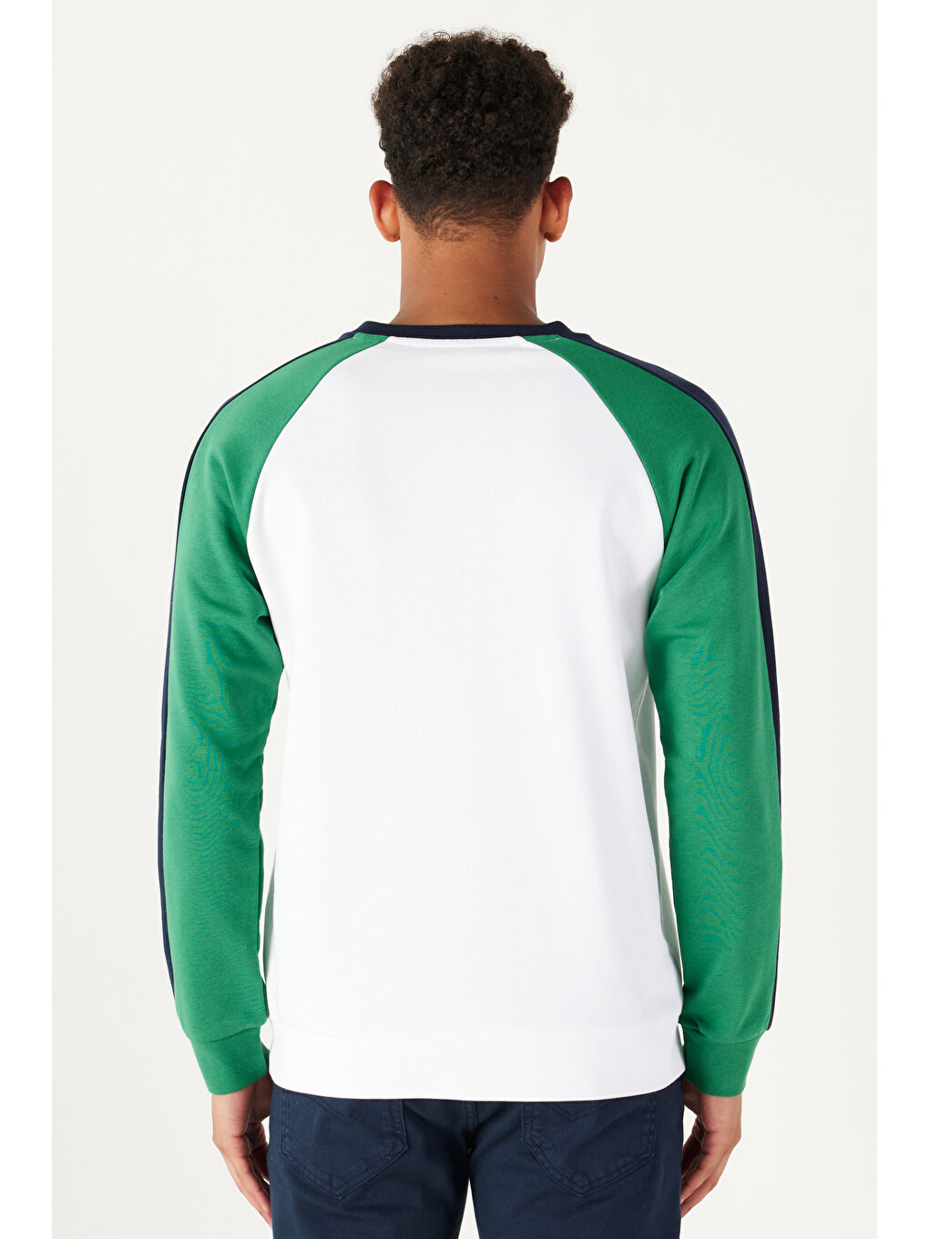 Erkek Beyaz-Yeşil Standart Fit Normal Kesim Bisiklet Yaka Pamuklu Çizgili Sweatshirt-5