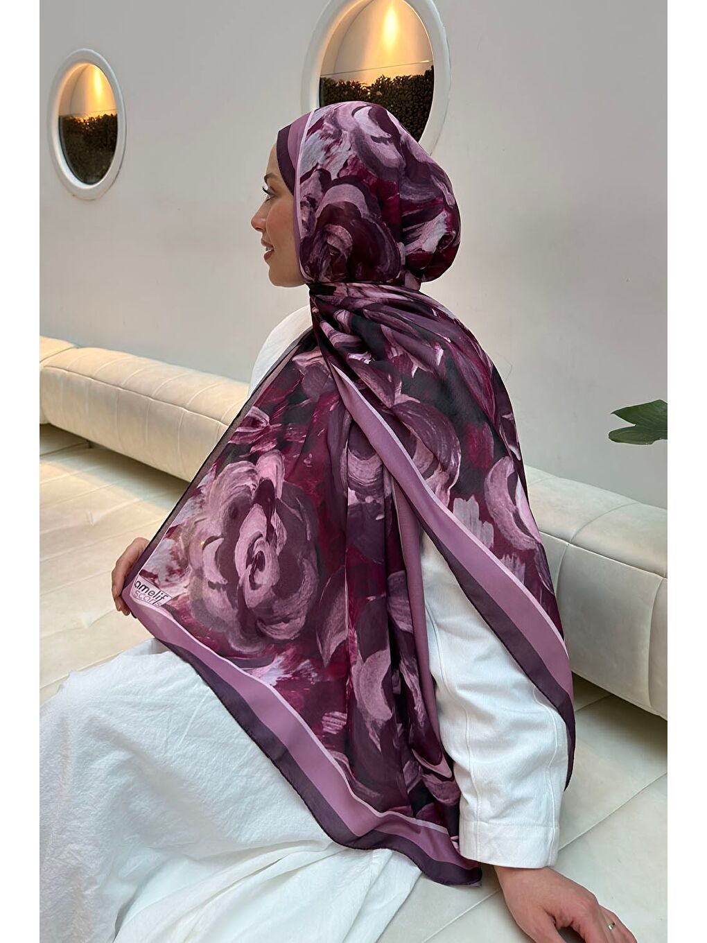 Çiçek Desen Pamuk Şal Mürdüm-3