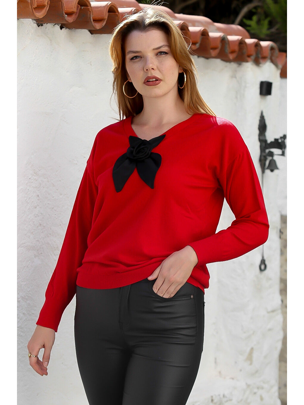 Kırmızı V Yaka Uzun Kol Fiyonk Detaylı Casual Triko Kazak 65 60-1