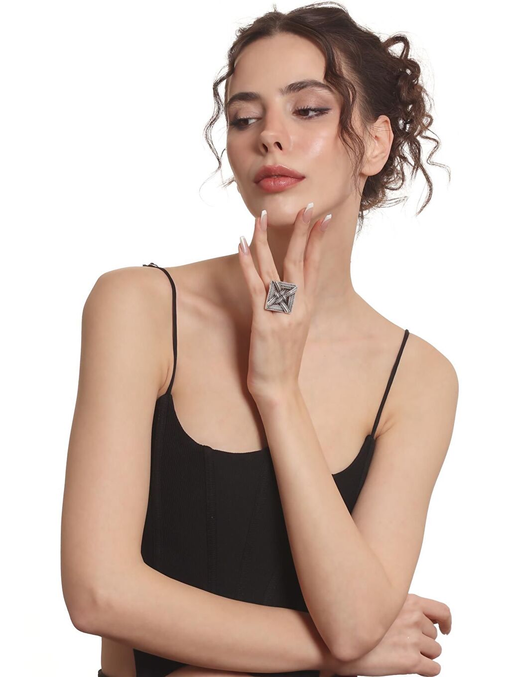 Gri Kadın Antik Gümüş Kaplama Ayarlanabilir Örgü Dokulu Geometrik Yüzük-1