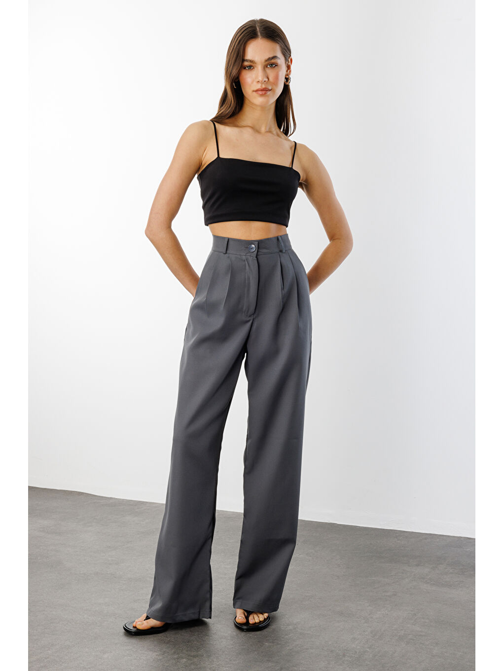 Gri Kadın Pileli Kumaş yüksek bel Palazzo Pantolon PANTOLON-002
