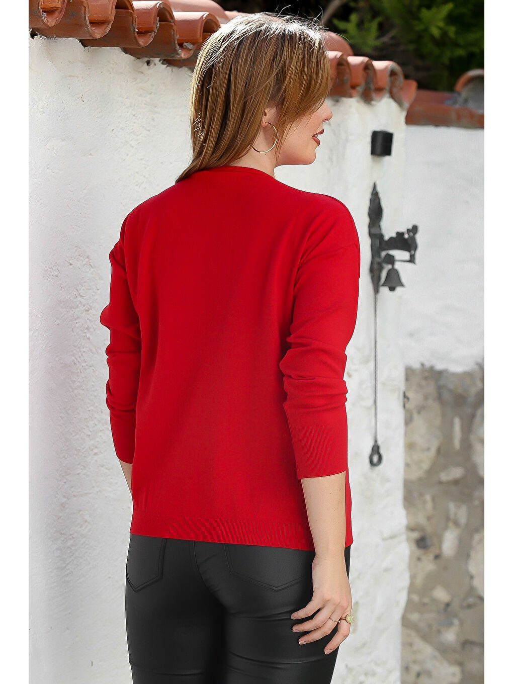 Kırmızı V Yaka Uzun Kol Fiyonk Detaylı Casual Triko Kazak 65 60-5