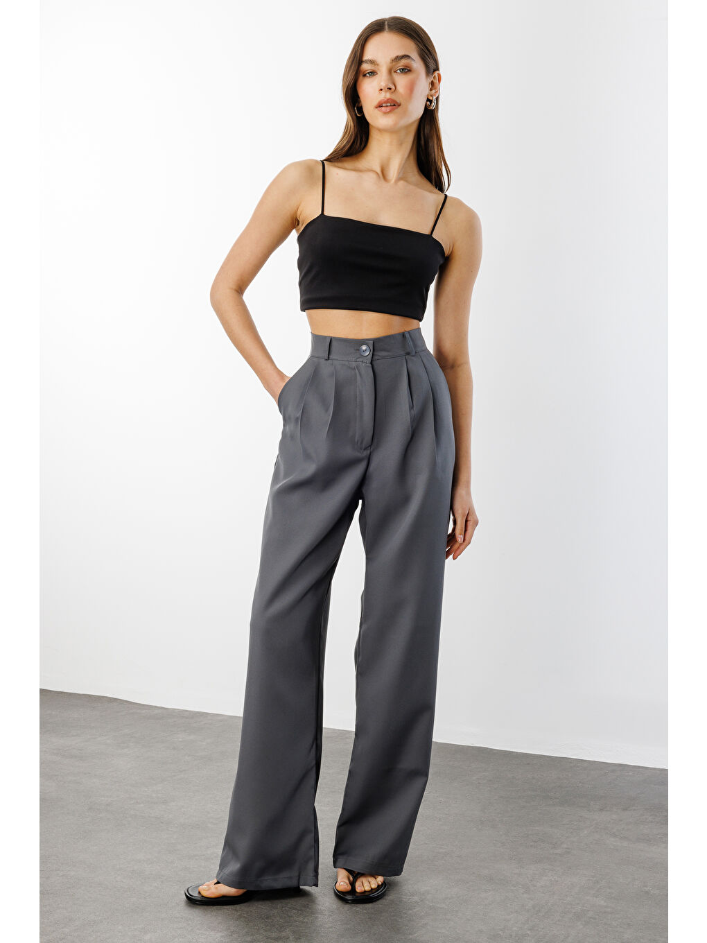 Gri Kadın Pileli Kumaş yüksek bel Palazzo Pantolon PANTOLON-002-2