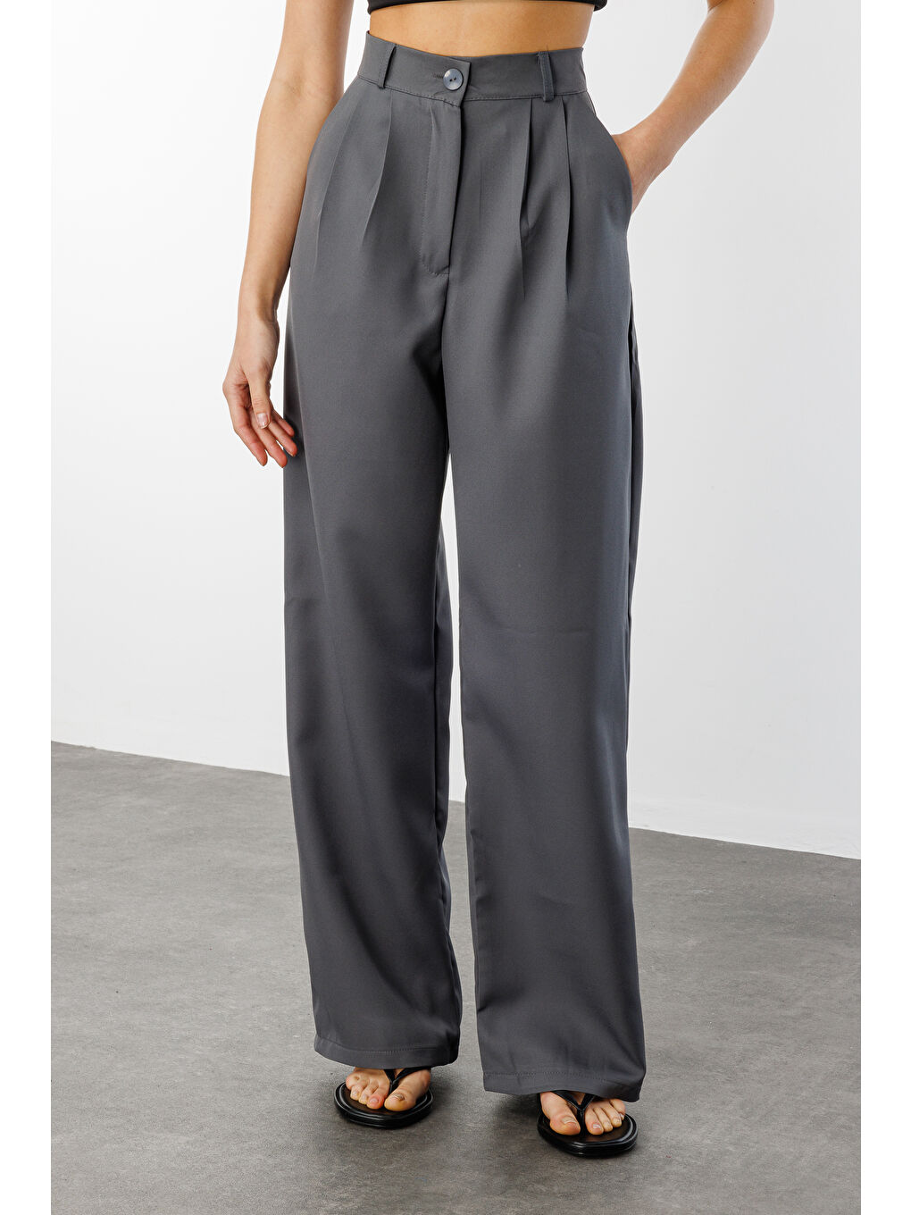 Gri Kadın Pileli Kumaş yüksek bel Palazzo Pantolon PANTOLON-002-3