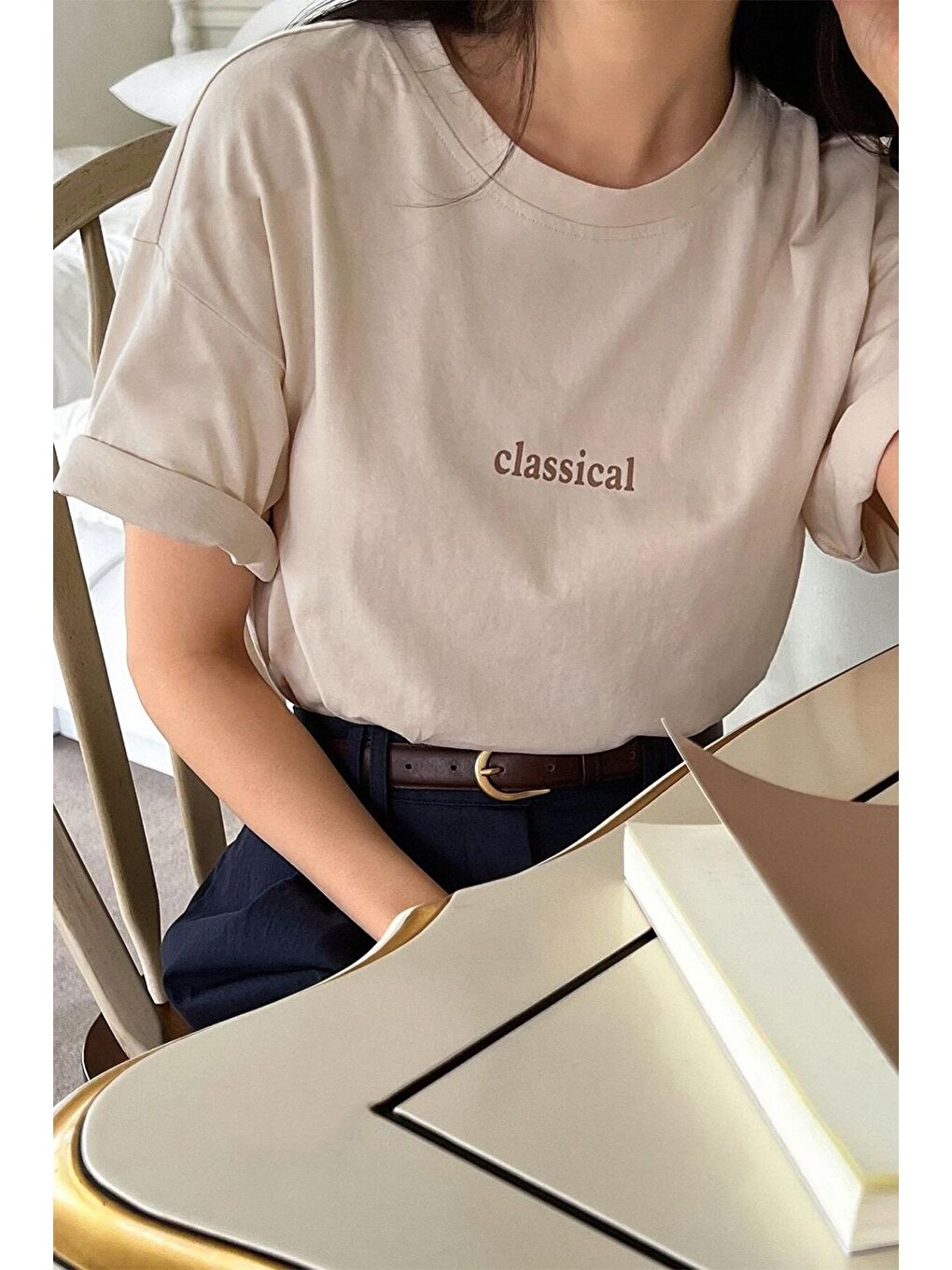 uyguntarz Bej Unisex Classical Baskılı Oversize Tshirt