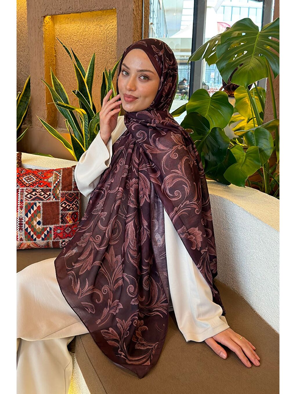 Etnik Desen Ferah Şal Koyu Bordo-1