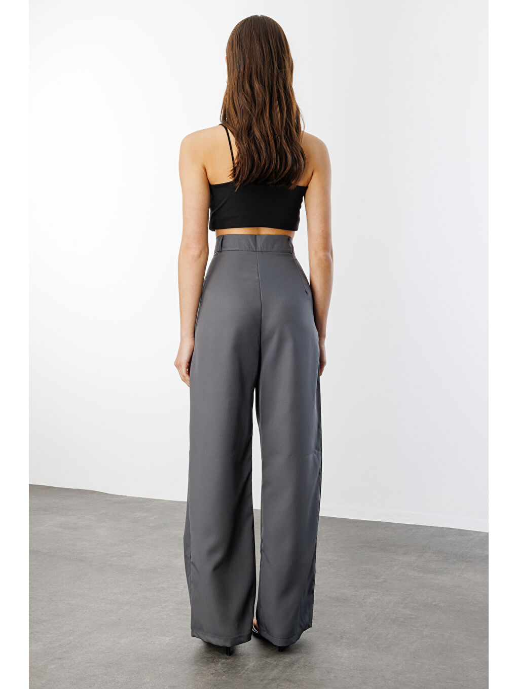 Gri Kadın Pileli Kumaş yüksek bel Palazzo Pantolon PANTOLON-002-4