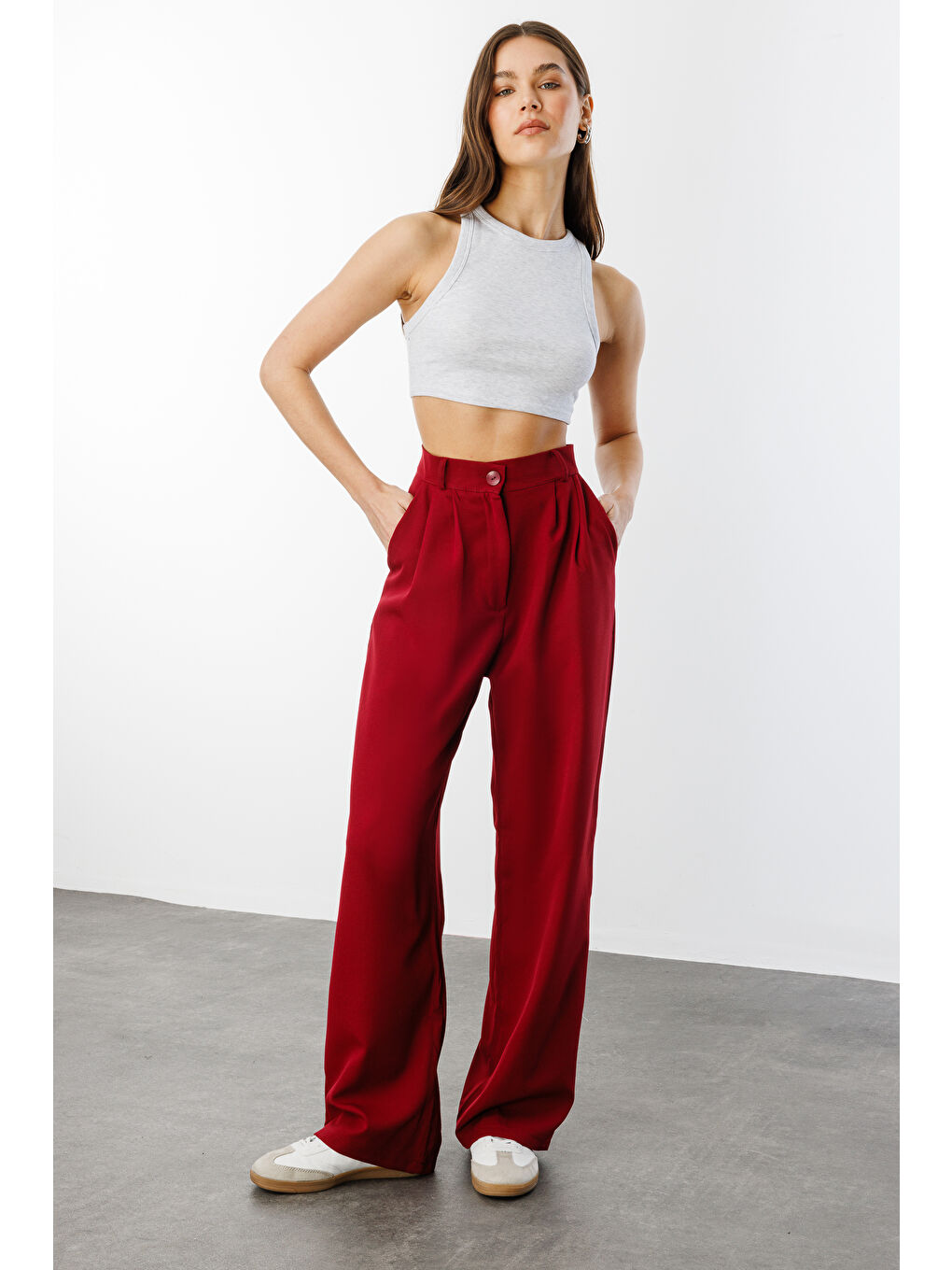 Bordo Kadın Pileli Kumaş yüksek bel Palazzo Pantolon PANTOLON-002