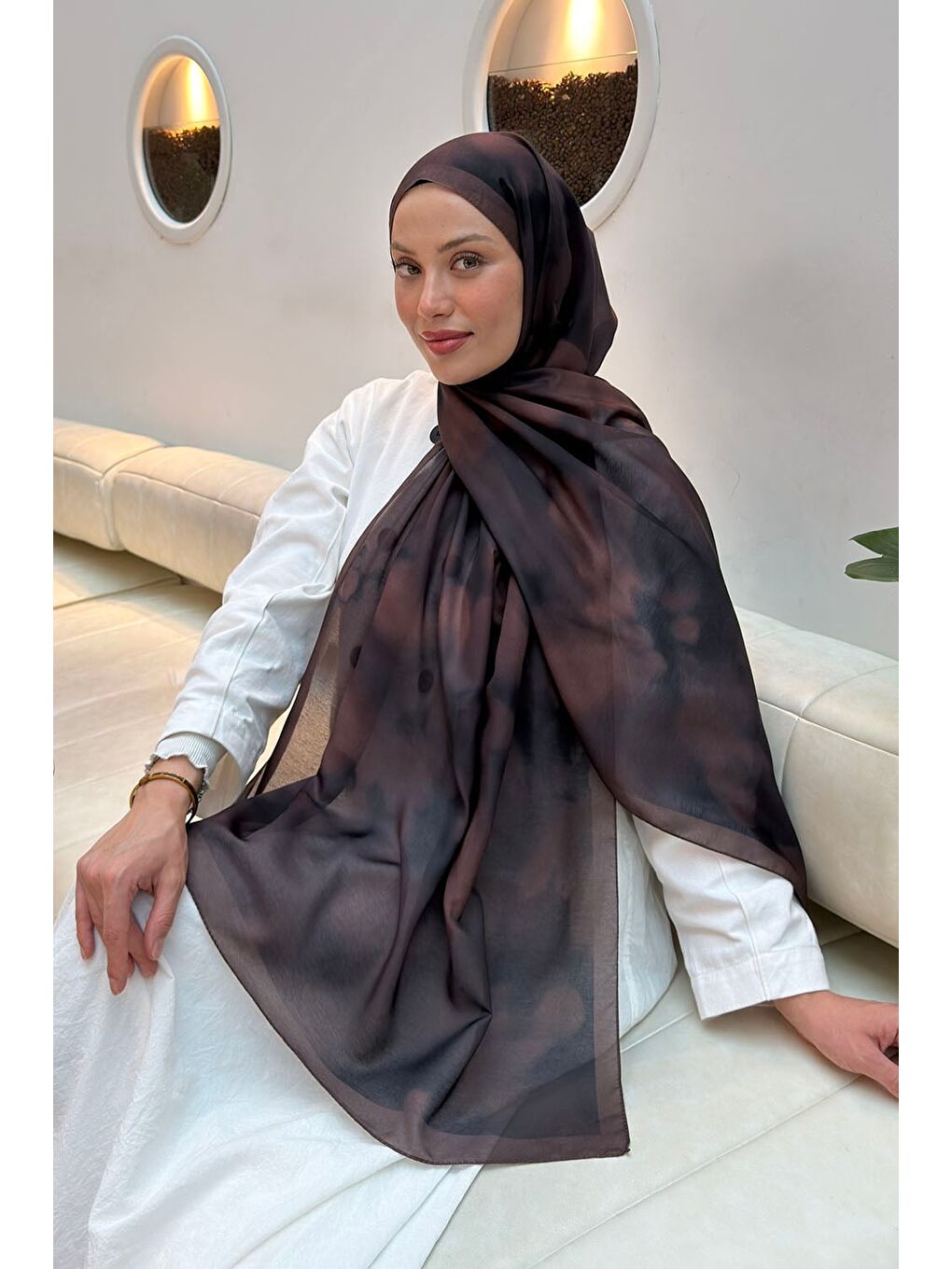 Kahverengi Batik Desen Soft Şal Koyu Kahve-1