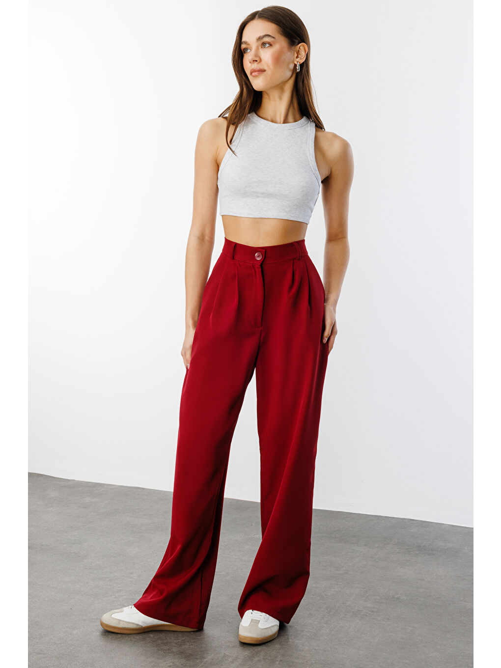 Bordo Kadın Pileli Kumaş yüksek bel Palazzo Pantolon PANTOLON-002-2