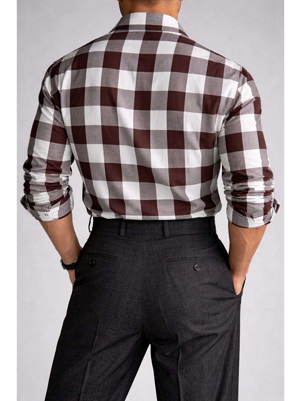 Kahverengi Erkek Ekose Gömlek Slim Fit Pamuklu Uzun Kollu Günlük Gömlek-1
