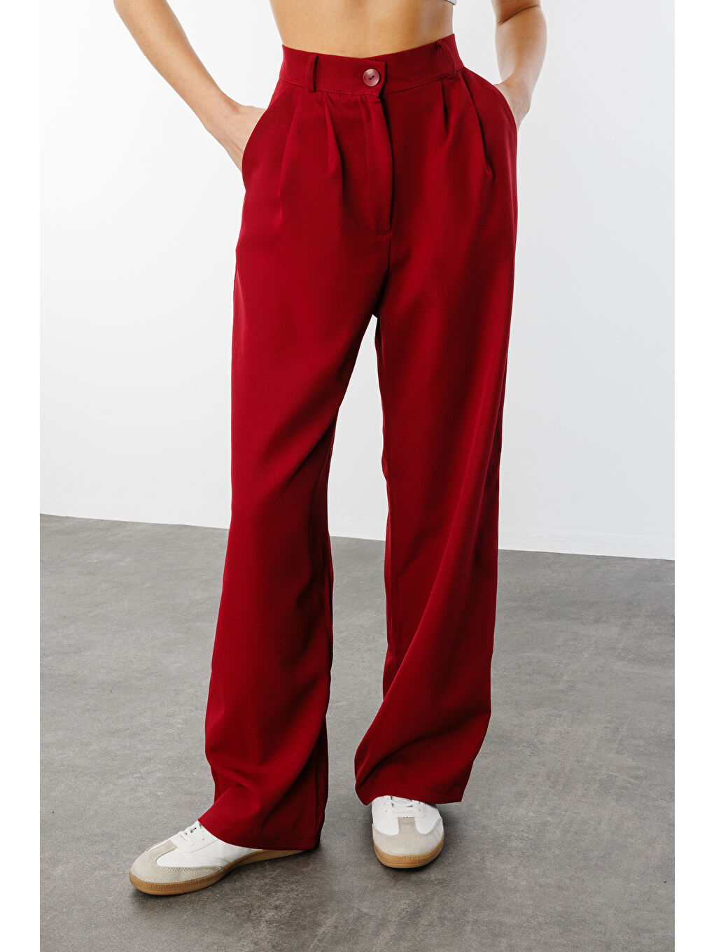 Bordo Kadın Pileli Kumaş yüksek bel Palazzo Pantolon PANTOLON-002-3