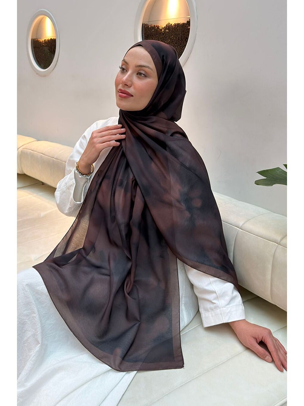 Kahverengi Batik Desen Soft Şal Koyu Kahve-2