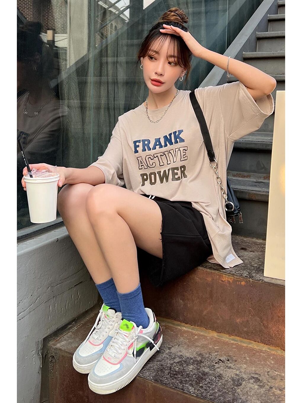 uyguntarz Bej Unisex Frank Active Power Baskılı Oversize Tshirt