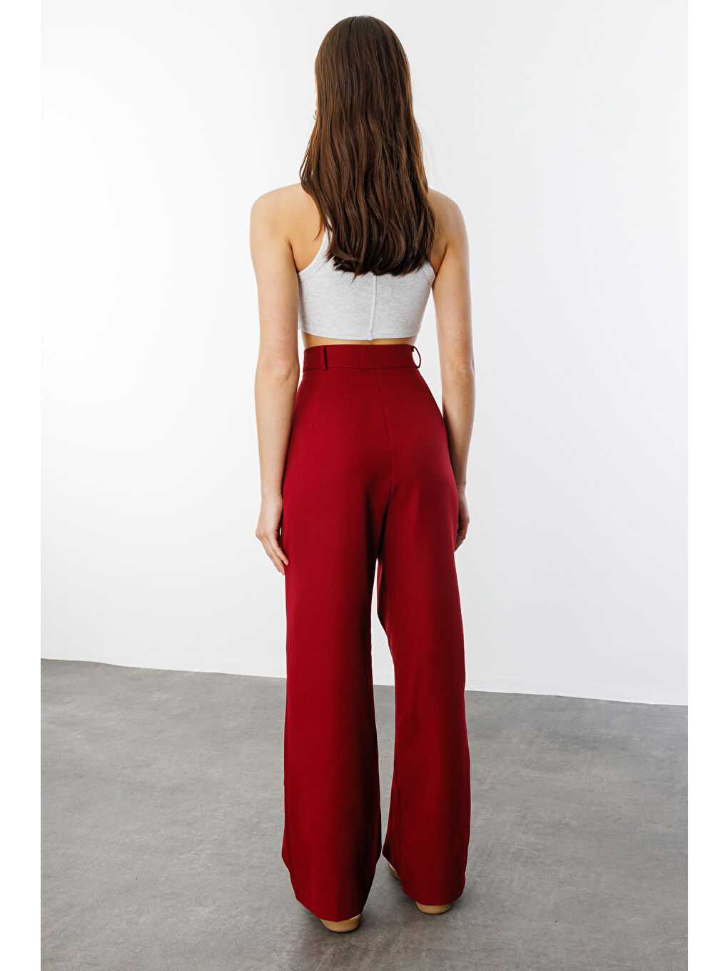 Bordo Kadın Pileli Kumaş yüksek bel Palazzo Pantolon PANTOLON-002-4
