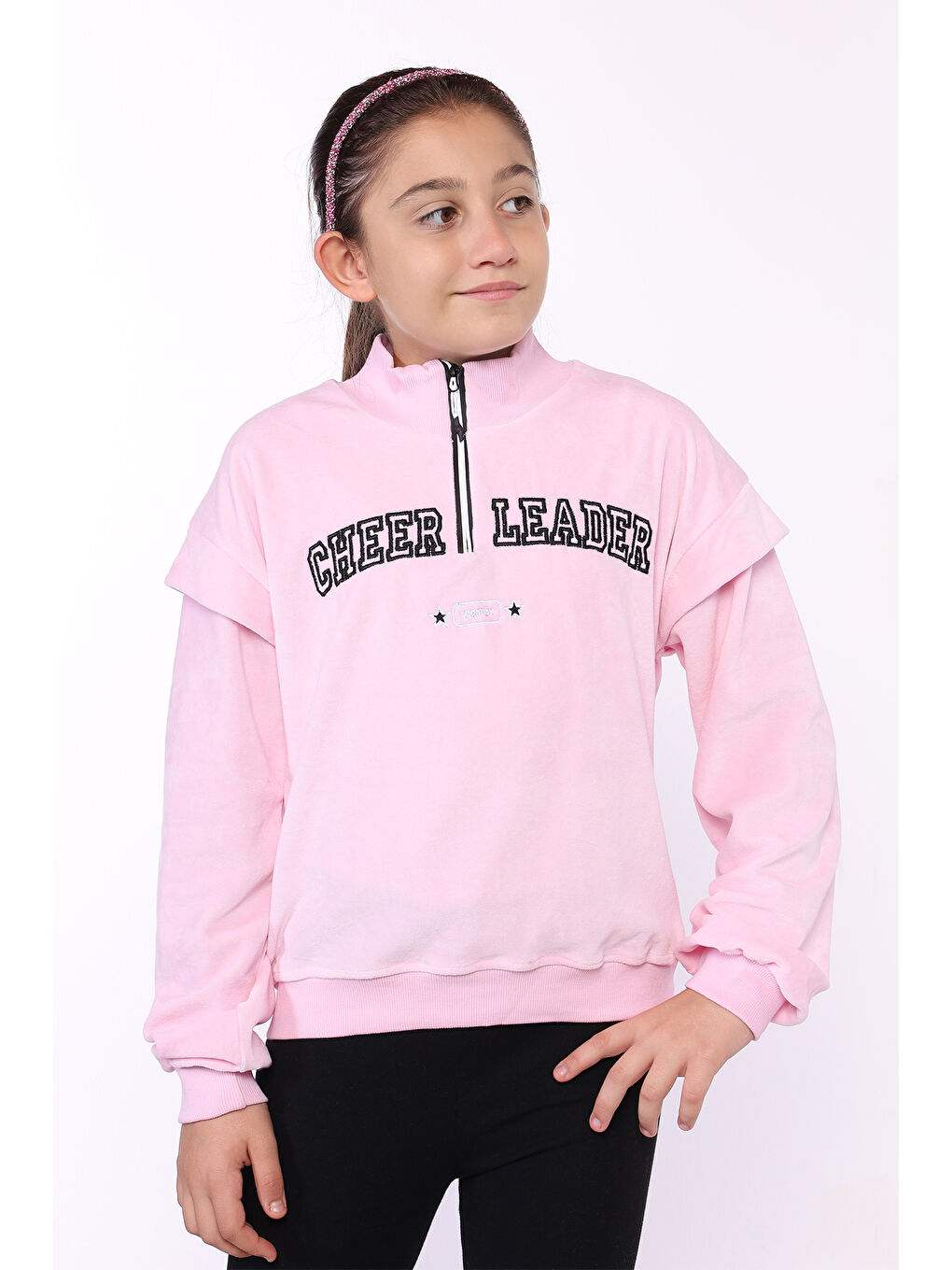 Toontoykids Pembe Kız Çocuk Fermuar Detaylı Nakışlı Kadife Sweatshirt