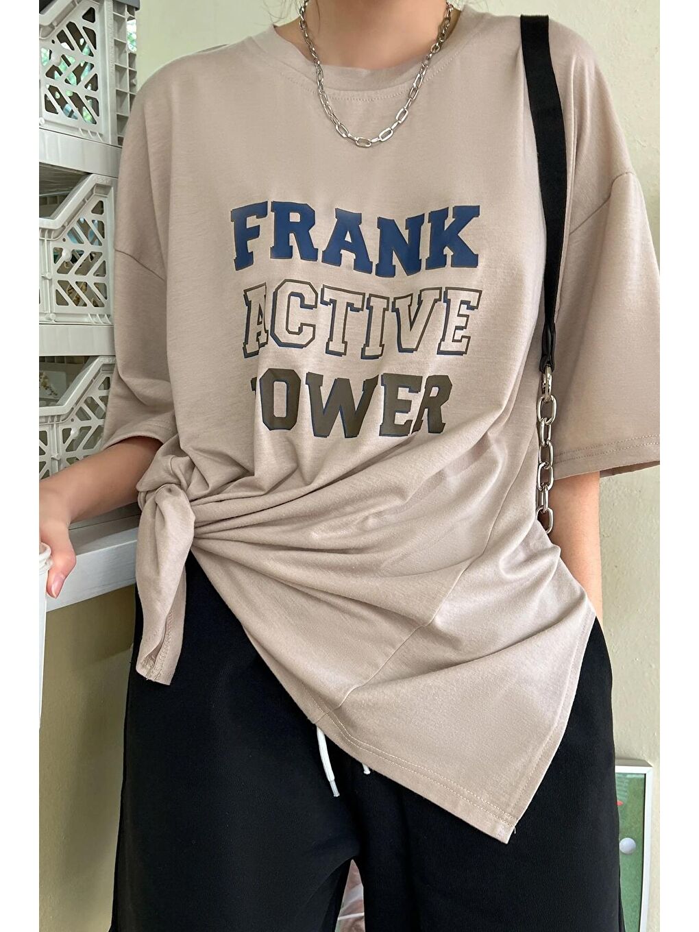 uyguntarz Bej Unisex Frank Active Power Baskılı Oversize Tshirt - 1