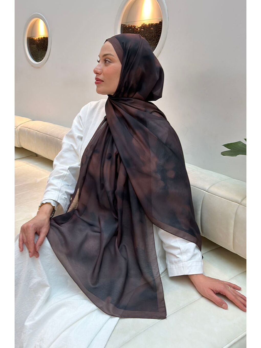 Kahverengi Batik Desen Soft Şal Koyu Kahve-3