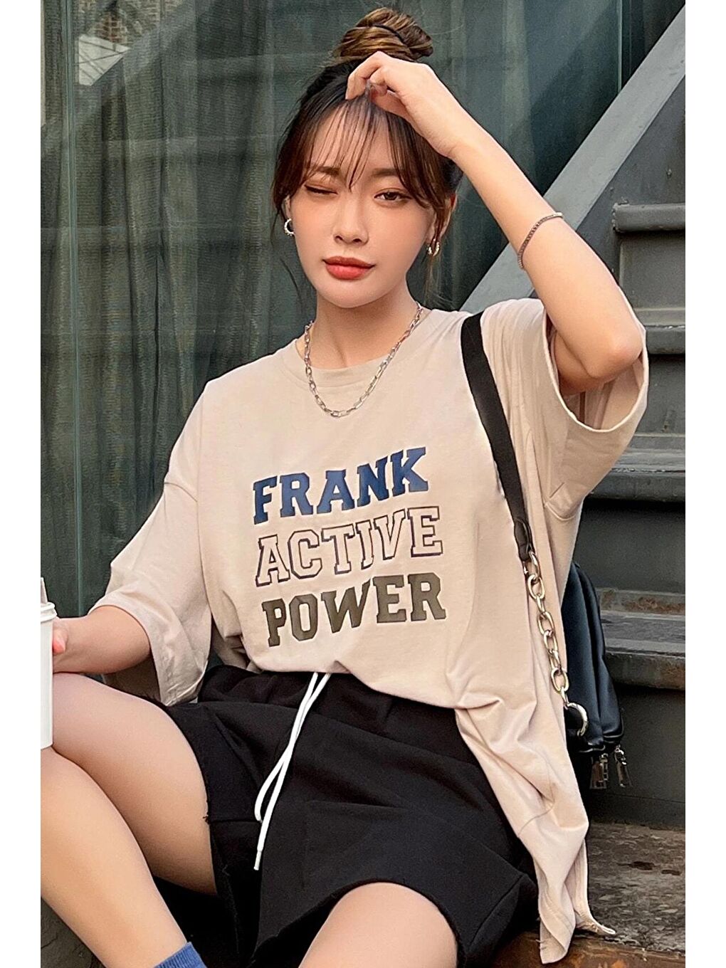 uyguntarz Bej Unisex Frank Active Power Baskılı Oversize Tshirt - 2