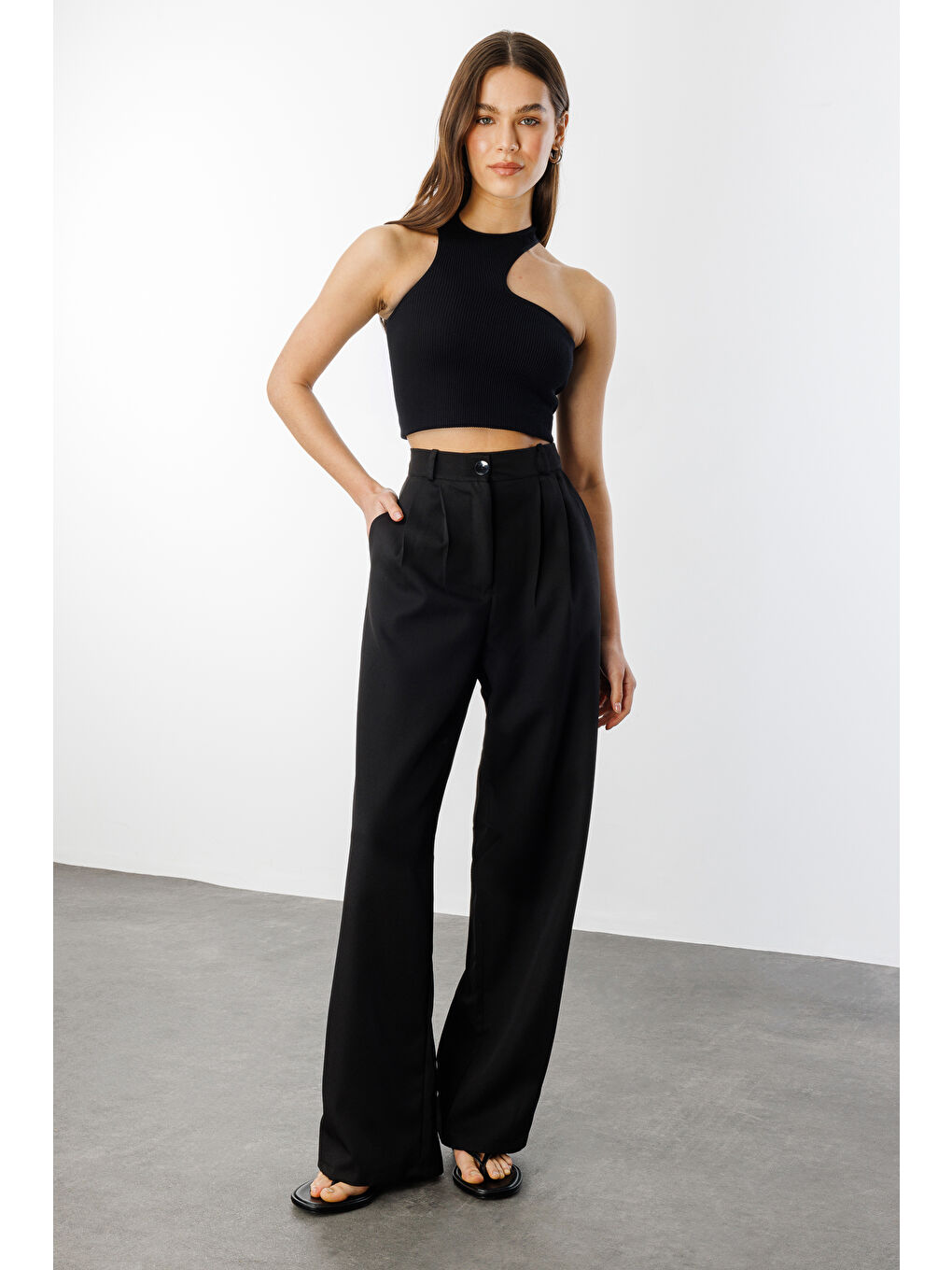 Siyah Kadın Pileli Kumaş yüksek bel Palazzo Pantolon PANTOLON-002-1
