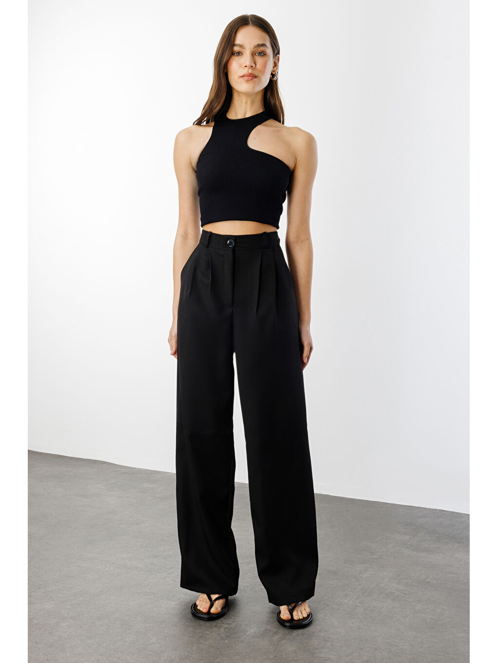 Siyah Kadın Pileli Kumaş yüksek bel Palazzo Pantolon PANTOLON-002-2