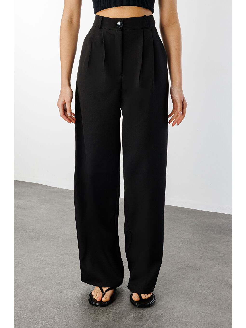 Siyah Kadın Pileli Kumaş yüksek bel Palazzo Pantolon PANTOLON-002-3