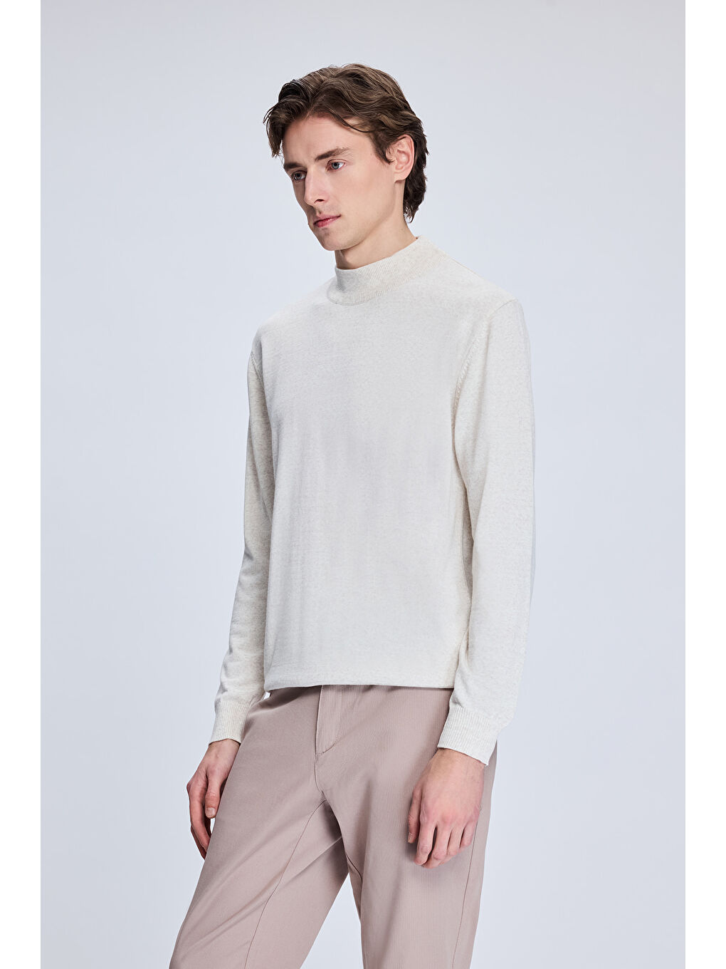 Bej Regular Fit Yarım Balıkçı Yaka Yünlü Triko Kazak-2