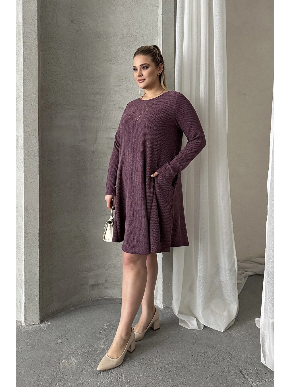 Mor Büyük Beden Uzun Kollu Bisiklet Yaka Cepli Fitilli Elbise 100-186-3