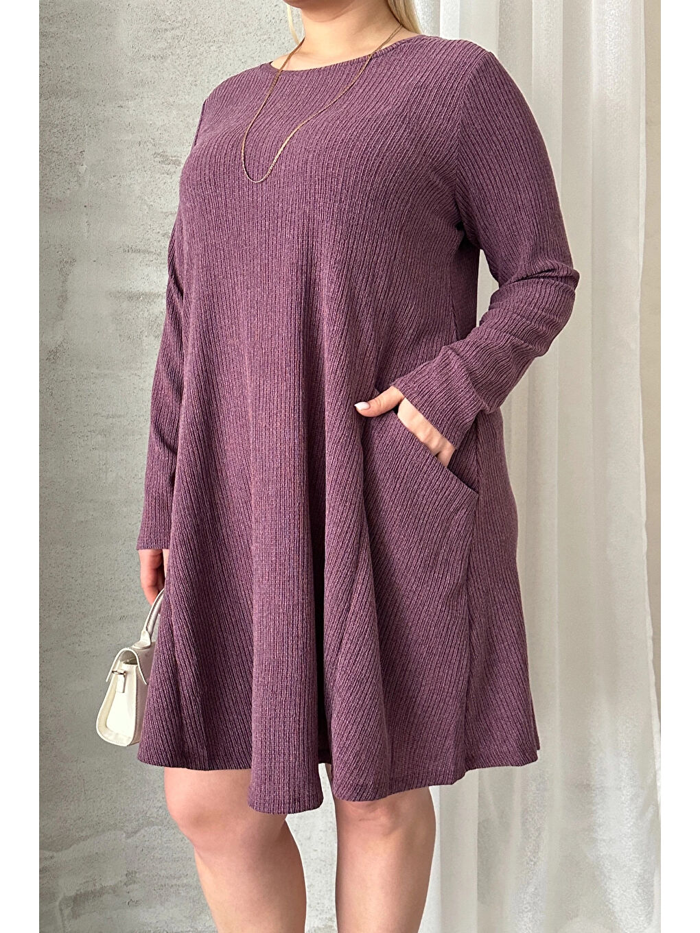 Mor Büyük Beden Uzun Kollu Bisiklet Yaka Cepli Fitilli Elbise 100-186-4
