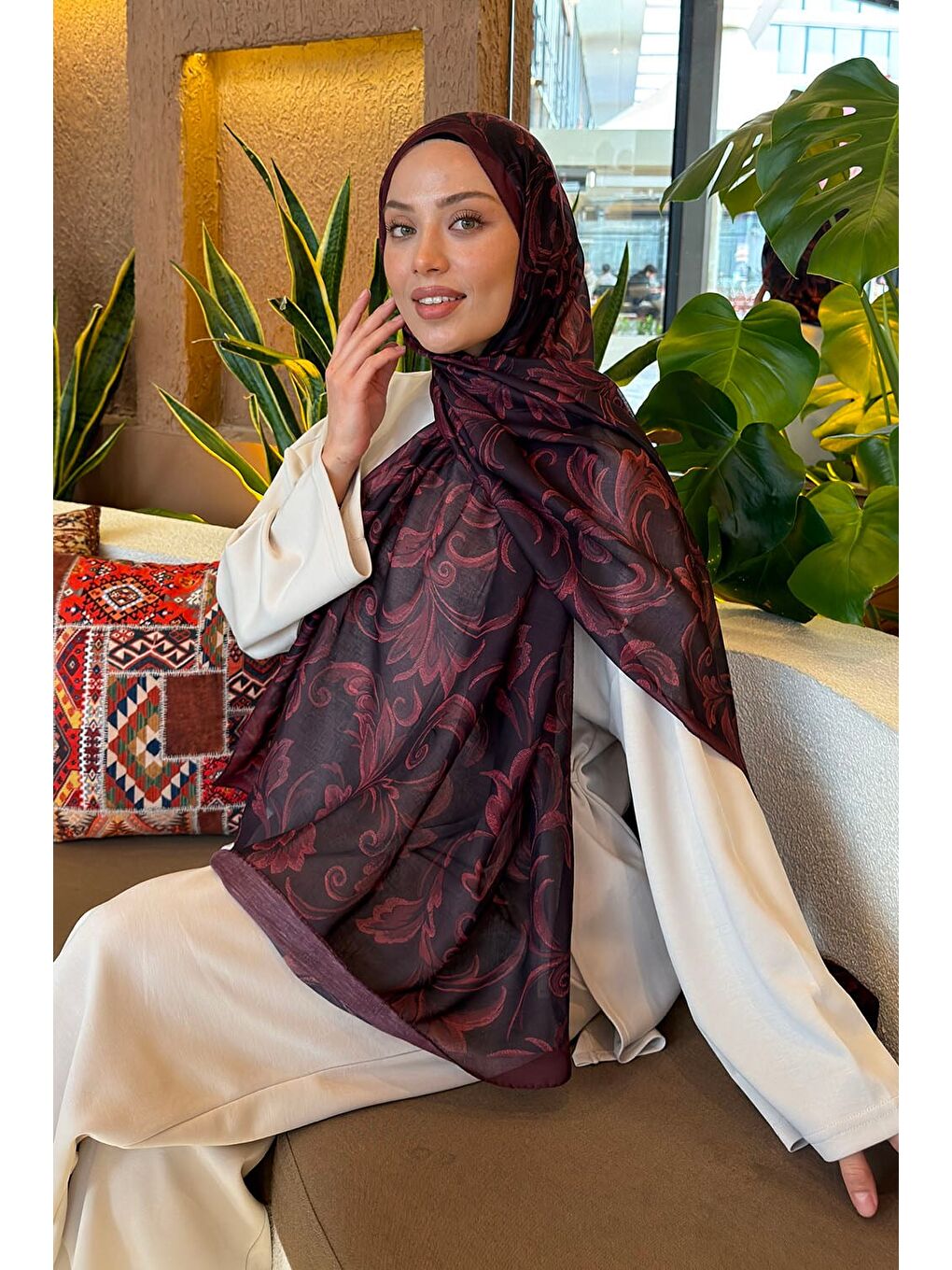 Etnik Desen Ferah Şal Bordo-1