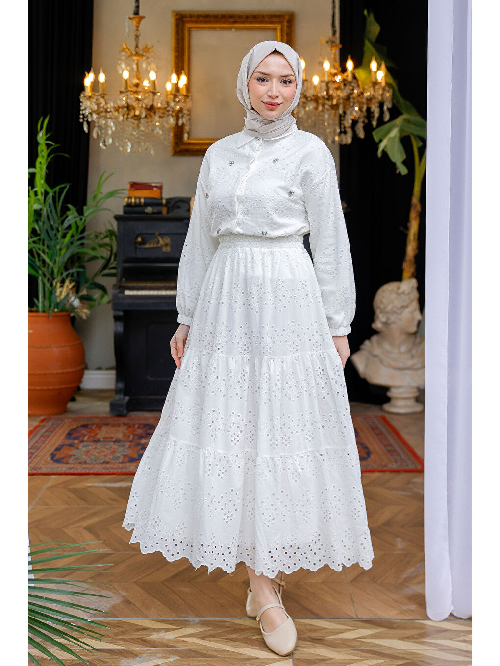 Kadın Brode Detaylı Taş İşlemeli İkili Takım  Beyaz-3