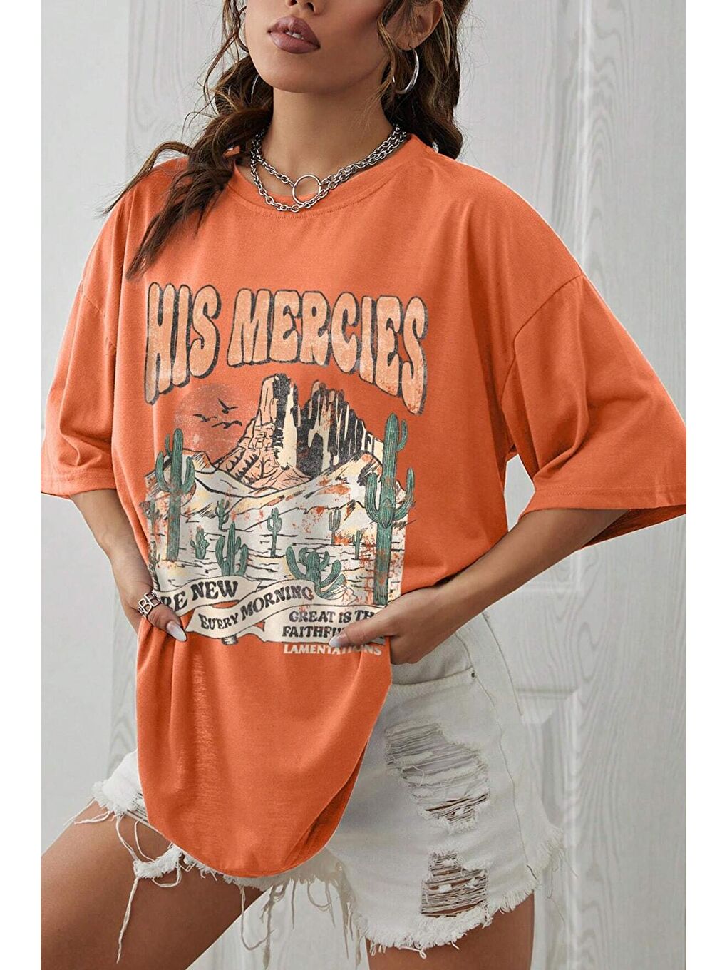 uyguntarz Turuncu Unisex His Mercies Baskılı Oversize Tshirt - 1