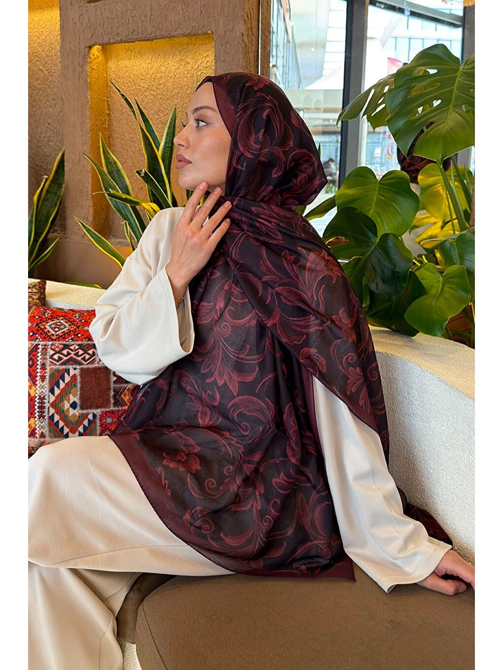 Etnik Desen Ferah Şal Bordo-2