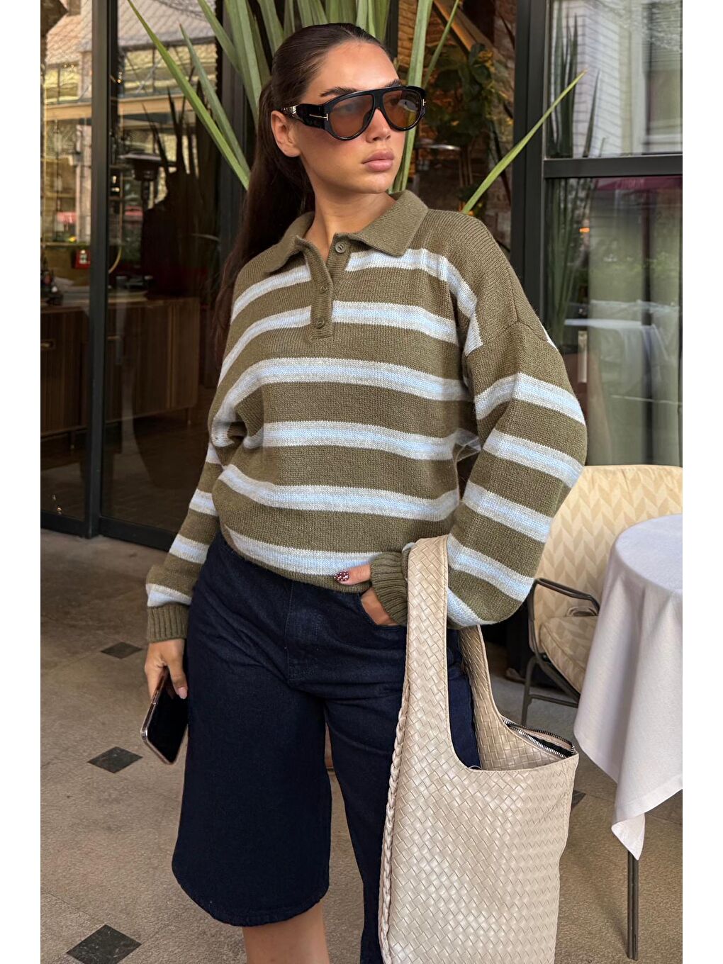 Haki Polo Yaka Çizgili Kadın Triko Kazak Mg2469