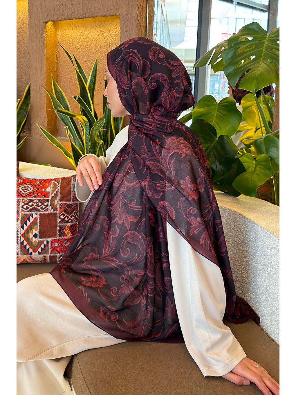Etnik Desen Ferah Şal Bordo-3