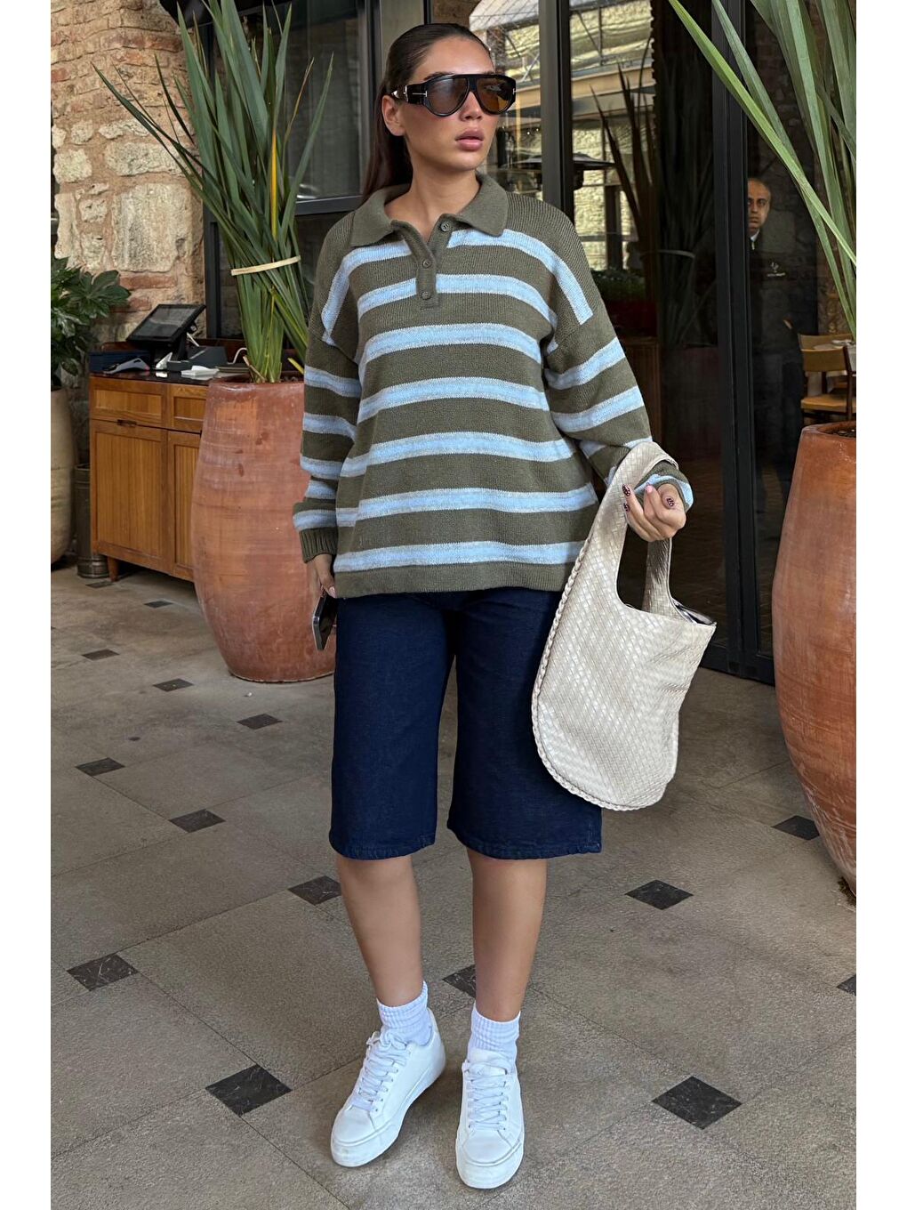 Haki Polo Yaka Çizgili Kadın Triko Kazak Mg2469-1