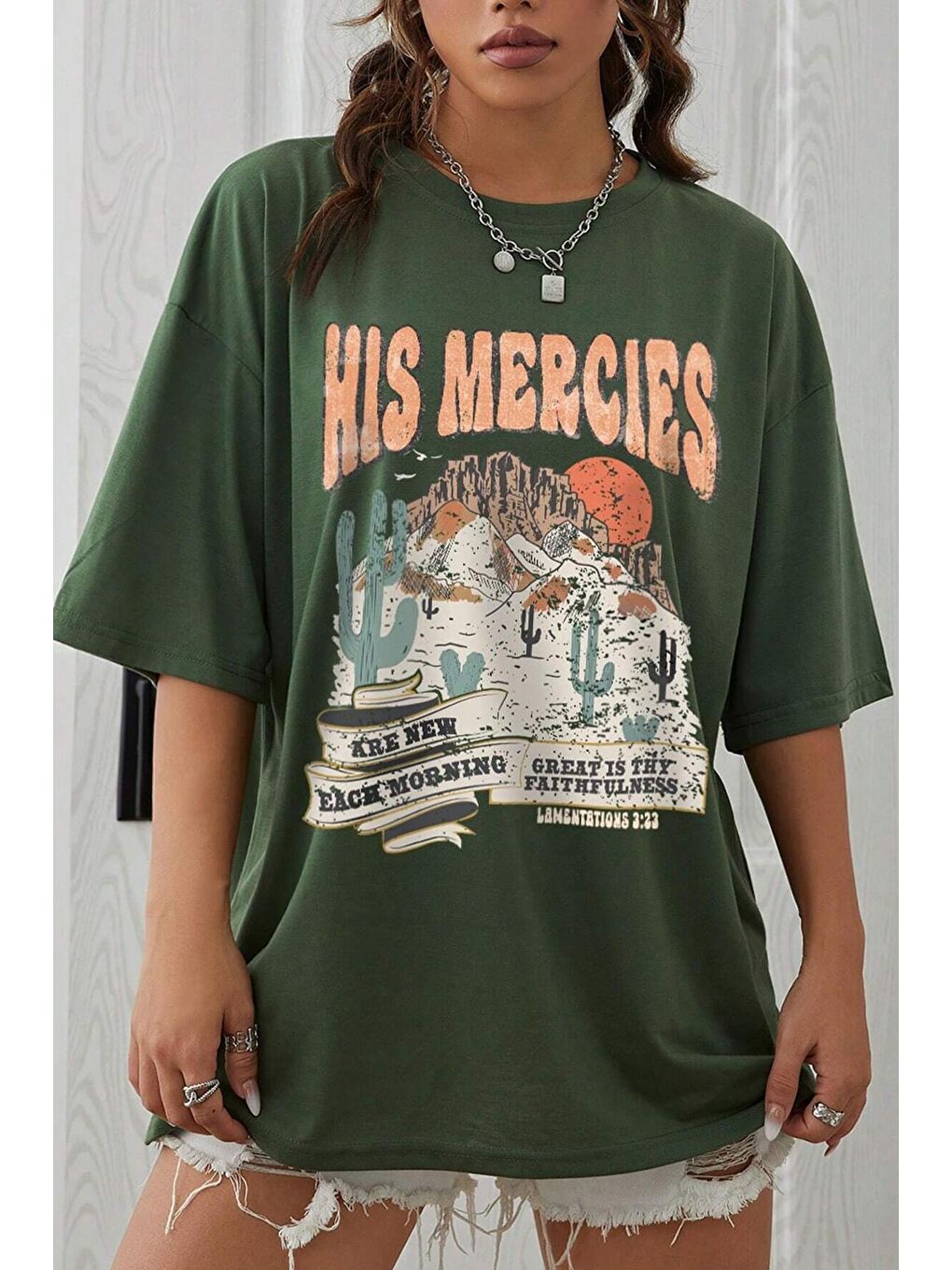 uyguntarz Yeşil Unisex His Mercies Baskılı Oversize Tshirt